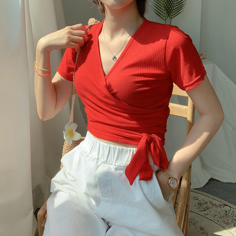 [당일발송] 폴 허리리본 매듭 반팔 랩 티셔츠 (4color, 바캉스룩)위키드클로젯